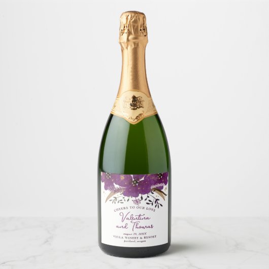 Hübsche Violett-Wasserfarben-Blume Hochzeit Schaumweinetikett (Vorderseite)