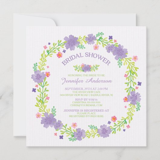 Hübsche violette Blumen Kränze Frühjahr Brautparty Einladung (Vorderseite)