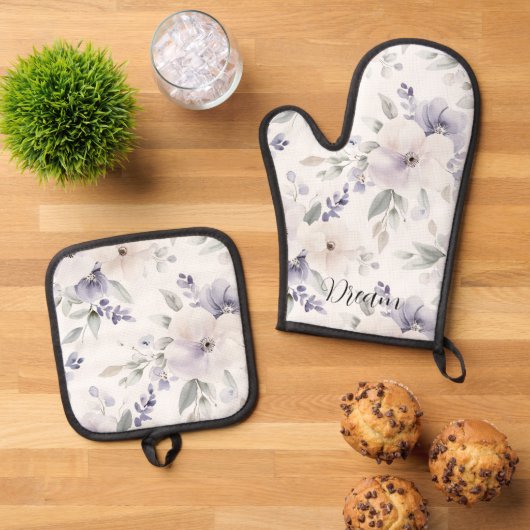 Hübsche violette Blumen Ofenhandschuh & Topflappen-Set (Oben Unten)