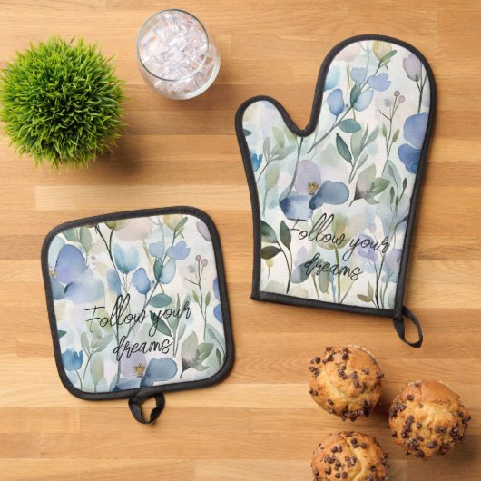 Hübsche violette Blumen Ofenhandschuh & Topflappen-Set (Oben Unten)