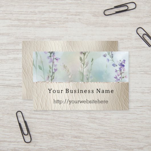 Hübsche violette Blumen und cremefarbene Imitate L Visitenkarte (Vorderseite/Rückseite Beispiel)