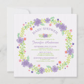 Hübsche violette Blumen Wreath Girls Babydusche Einladung (Vorderseite)