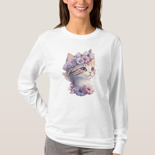 Hübsche violette Wasserfarben-Katze mit Flora T-Shirt (Vorderseite)