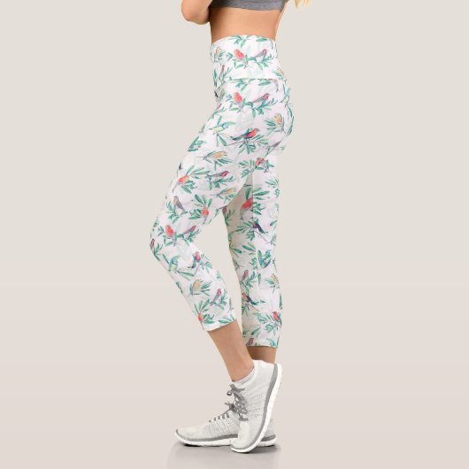 Hübsche Vögel Blätter Vintag Weißes Design Capri Leggings (Links)