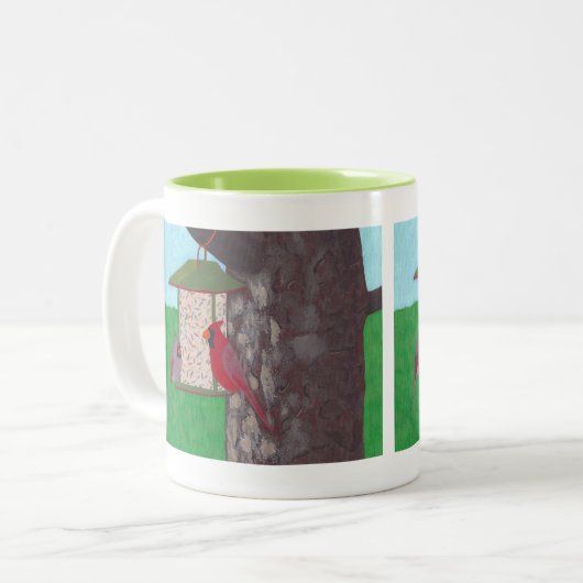 Hübsche Vögel, Kardinäle am Feeder, Tasse (Vorderseite Links)