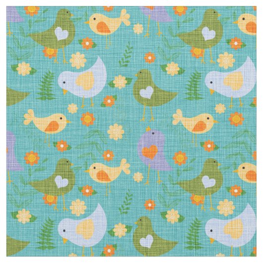 Hübsche Vögel und Blume auf Aqua Fabric Stoff (Nahaufnahme)