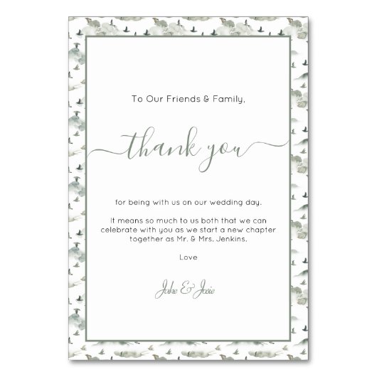 Hübsche Vögel und Hochzeit danken Ihnen Tafelkarte Tischnummer (Vorderseite)