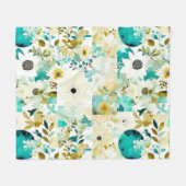 Hübsche Volkskunst Weiße und türkisfarbene Blume Fleecedecke (Vorderseite (Horizontal))