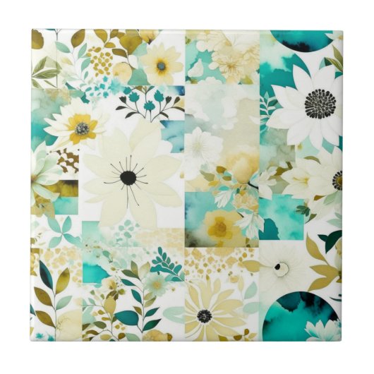 Hübsche Volkskunst Weiße und türkisfarbene Blume Fliese (Vorderseite)