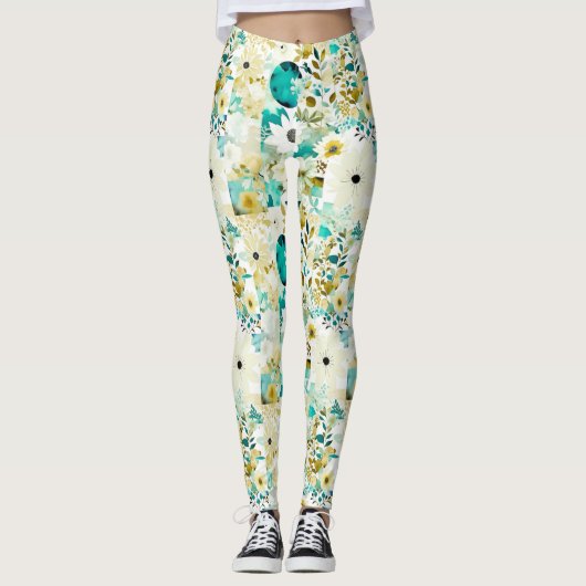 Hübsche Volkskunst Weiße und türkisfarbene Blume Leggings (Vorderseite)
