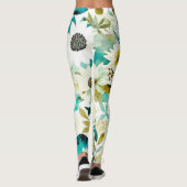 Hübsche Volkskunst Weiße und türkisfarbene Blume Leggings (Rückseite)