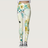 Hübsche Volkskunst Weiße und türkisfarbene Blume Leggings (Vorderseite)
