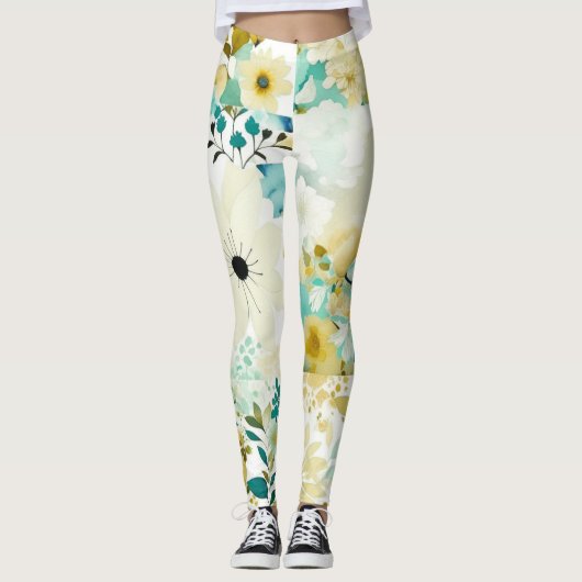 Hübsche Volkskunst Weiße und türkisfarbene Blume Leggings (Vorderseite)