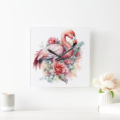 HÜBSCHE WASSERFARBE FLAMINGO MIT BLUME QUADRATISCHE WANDUHR (Zuhause)