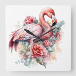HÜBSCHE WASSERFARBE FLAMINGO MIT BLUME QUADRATISCHE WANDUHR