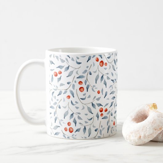 Hübsche Wasserfarbe Floral Holly Berries Blue Xmas Kaffeetasse (Mit Donut)