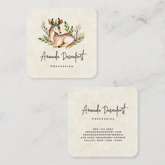 Hübsche Wasserfarbe Hirsche auf dem Boho Platz Quadratische Visitenkarte (Vorne/Hinten)