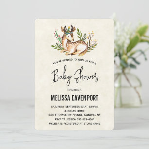 Hübsche Wasserfarbe-Rehe liegen auf Baby Shower Einladung