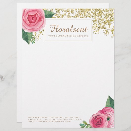 Hübsche Wasserfarbe-Rosen und Glitzer-Briefkopf Briefbogen (Vorne/Hinten)