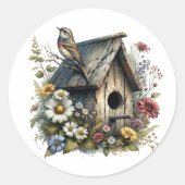Hübsche Wasserfarbe Rustikales Vogelhaus und Vogel Runder Aufkleber (Vorderseite)