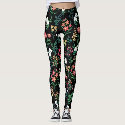 Hübsche Wasserfarbe Schwarz Botanisch Leggings (Vorderseite)