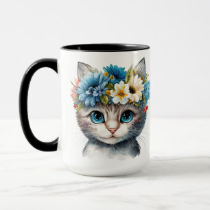HÜBSCHE WASSERFARBE, WEISSE KATZE MIT BLUME TASSE