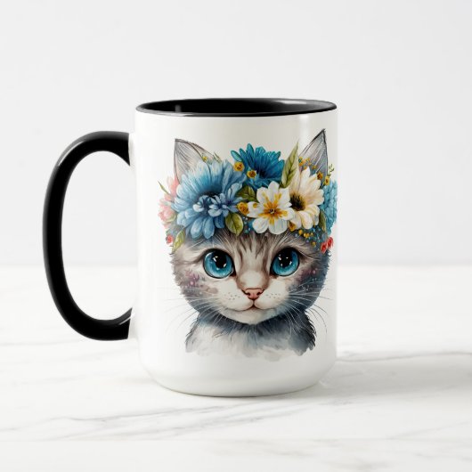 HÜBSCHE WASSERFARBE, WEISSE KATZE MIT BLUME TASSE (Links)