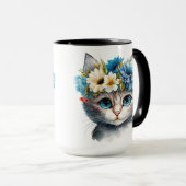 HÜBSCHE WASSERFARBE, WEISSE KATZE MIT BLUME TASSE (VorderseiteRechts)