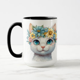 HÜBSCHE WASSERFARBE, WEISSE KATZE MIT BLUME TASSE