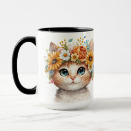 HÜBSCHE WASSERFARBE, WEISSE KATZE MIT BLUME TASSE
