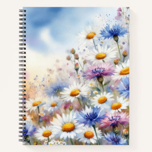 HÜBSCHE WASSERFARBE WEISSE UND BLAUE WILDBLUMEN NOTIZBLOCK