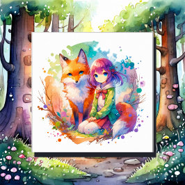 Hübsche Wasserfarben-Anime-Girl und Fox Leinwanddruck