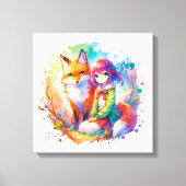 Hübsche Wasserfarben-Anime-Girl und Fox Leinwanddruck (Vorderseite)