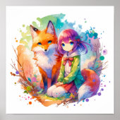 Hübsche Wasserfarben-Anime-Girl und Fox Poster (Vorne)