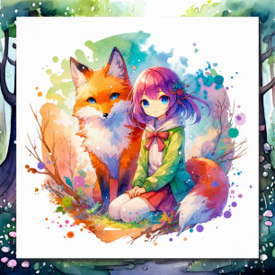 Hübsche Wasserfarben-Anime-Girl und Fox Poster