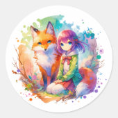 Hübsche Wasserfarben-Anime-Girl und Fox Runder Aufkleber (Vorderseite)