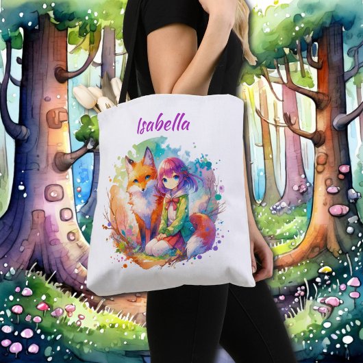 Hübsche Wasserfarben-Anime-Girl und Fox Tasche