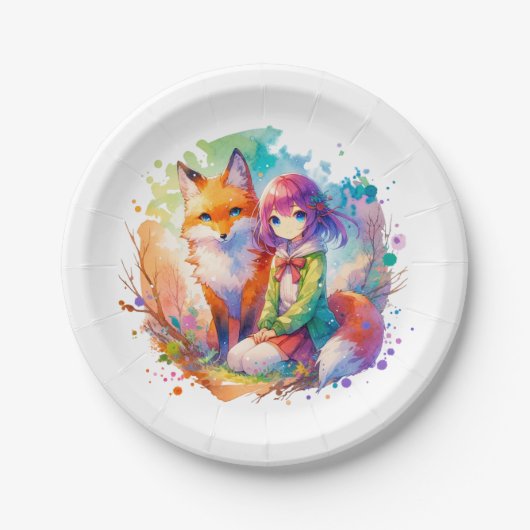 Hübsche Wasserfarben-Anime-Girl und Fox zum Geburt Pappteller (Vorderseite)