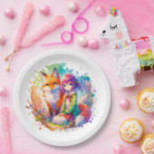 Hübsche Wasserfarben-Anime-Girl und Fox zum Geburt Pappteller (Party)