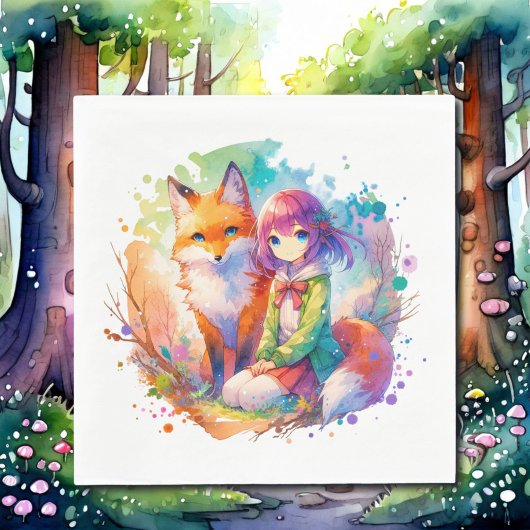 Hübsche Wasserfarben-Anime-Girl und Fox zum Geburt Serviette