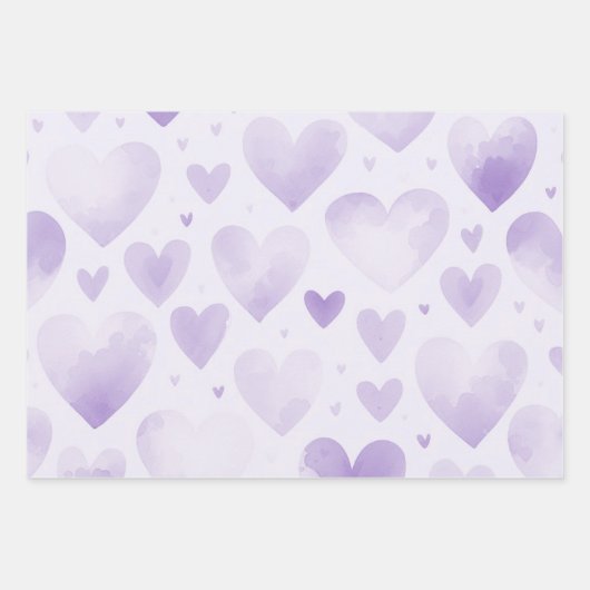 Hübsche Wasserfarben Herz Trio Rosa Lila Geschenk Geschenkpapier Set (Vorderseite 3)