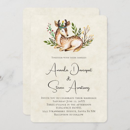 Hübsche Wasserfarben-Hirsche, die Boho-Hochzeit ni Einladung (Vorne/Hinten)
