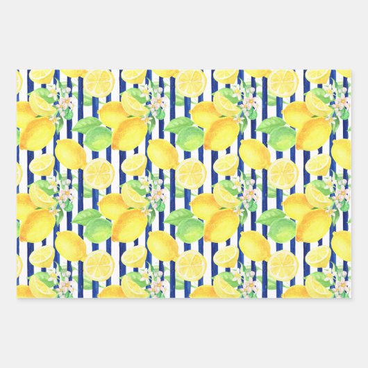 Hübsche Wasserfarben und blaue Streifen Geschenkpapier Set (Vorderseite)