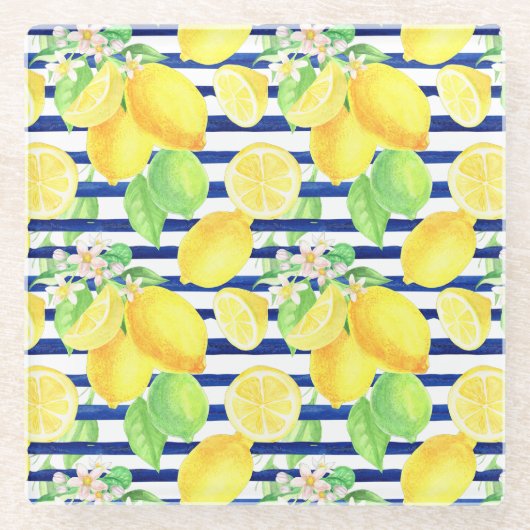 Hübsche Wasserfarben-Zitronen auf blauen Streifen Glasuntersetzer (Vorderseite)