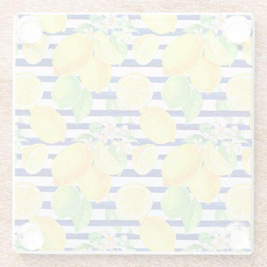 Hübsche Wasserfarben-Zitronen auf blauen Streifen Glasuntersetzer (Rückseite)