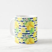 Hübsche Wasserfarben-Zitronen auf blauen Streifen Kaffeetasse (Vorderseite Links)