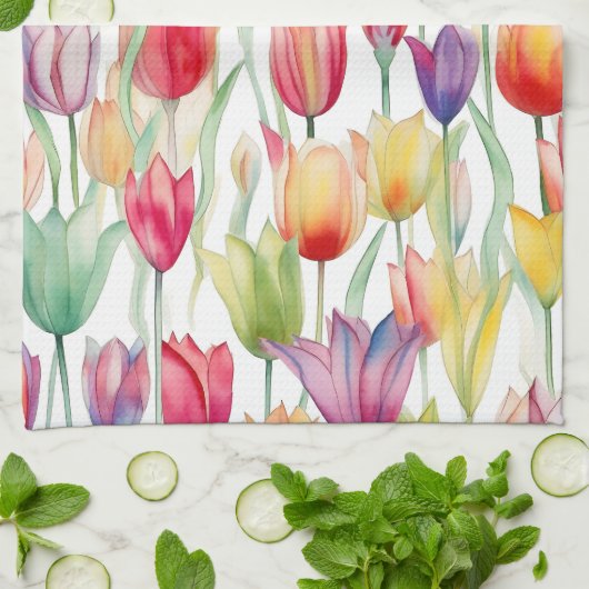HÜBSCHE WASSERFARBPINK & ORANGE FLORAL TULIPS GESCHIRRTUCH (Gefaltet)