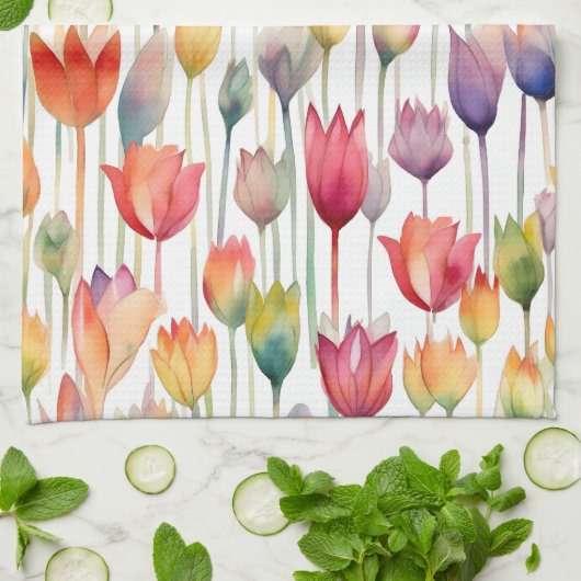 HÜBSCHE WASSERFARBPINK & ORANGE FLORAL TULIPS GESCHIRRTUCH (Gefaltet)