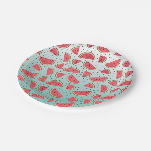 Hübsche Wassermelonen-Scheiben und Samenmuster Pappteller (Schrägansicht)