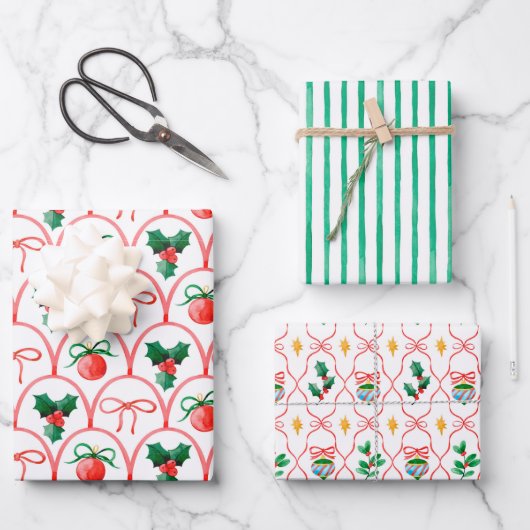 Hübsche Weihnachts-Wasserfarben-Ornamente & Stechp Geschenkpapier Set (Vorderseite)